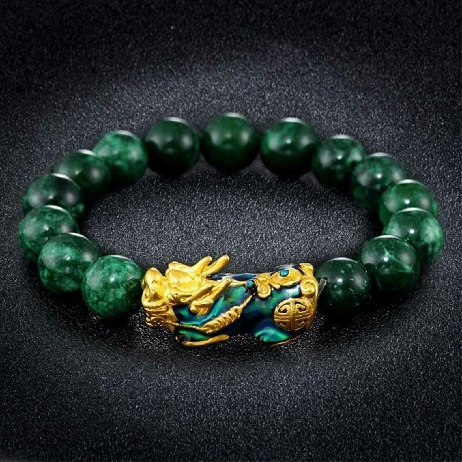 Feng Shui Bracelet for Wealth & Luck - Green Stone Beads Unisex Pixiu Bracelet with Gold Charm for Men & Women (Black/Green) - Perfect for Meditation, Gifts & Positive Energy