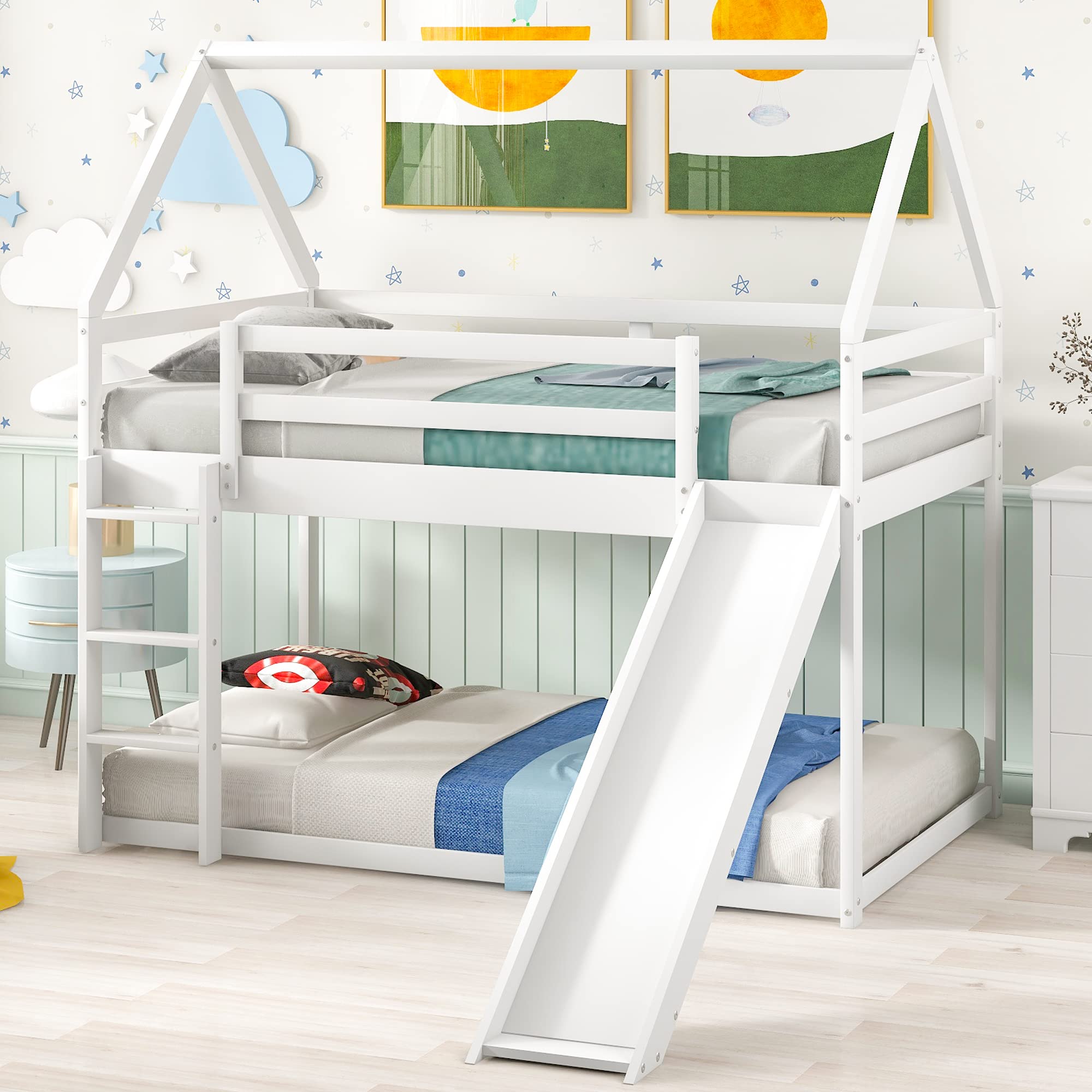 Twin Over Twin Bunk Bed with Slide & Roof - Convertible Kids Bunk Bed with Ladder - Wooden Low Floor Bunk Bed Frame for Children & Teens (White) - Perfect for Small Bedrooms, Playrooms & Sleepovers