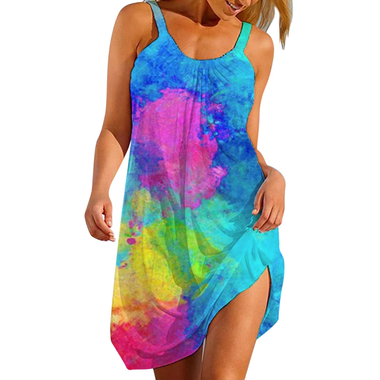 iOPQO Women's Boho Gradient Print Sleeveless Beach Dress - Flowy Round Neck Summer Vacation Sundress for Women (White) | Perfect for Beach Holidays, Pool Parties & Tropical Getaways