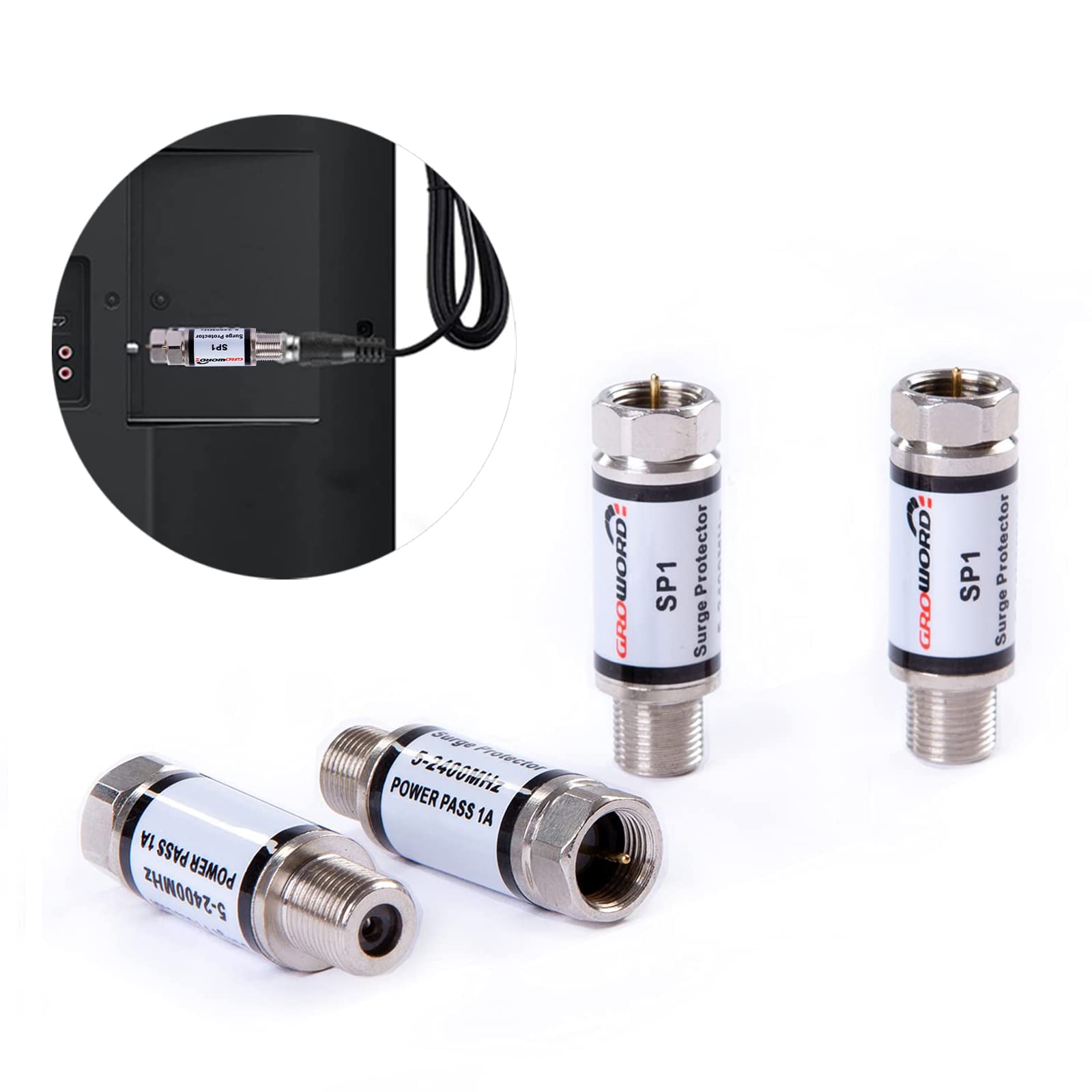4-Pack Coaxial Surge Protector - 75 Ohm 5-2400MHz Lightning Arrestor for Satellite, Cable Box & TV - Weatherproof Surge Suppressor for Home & Office Use