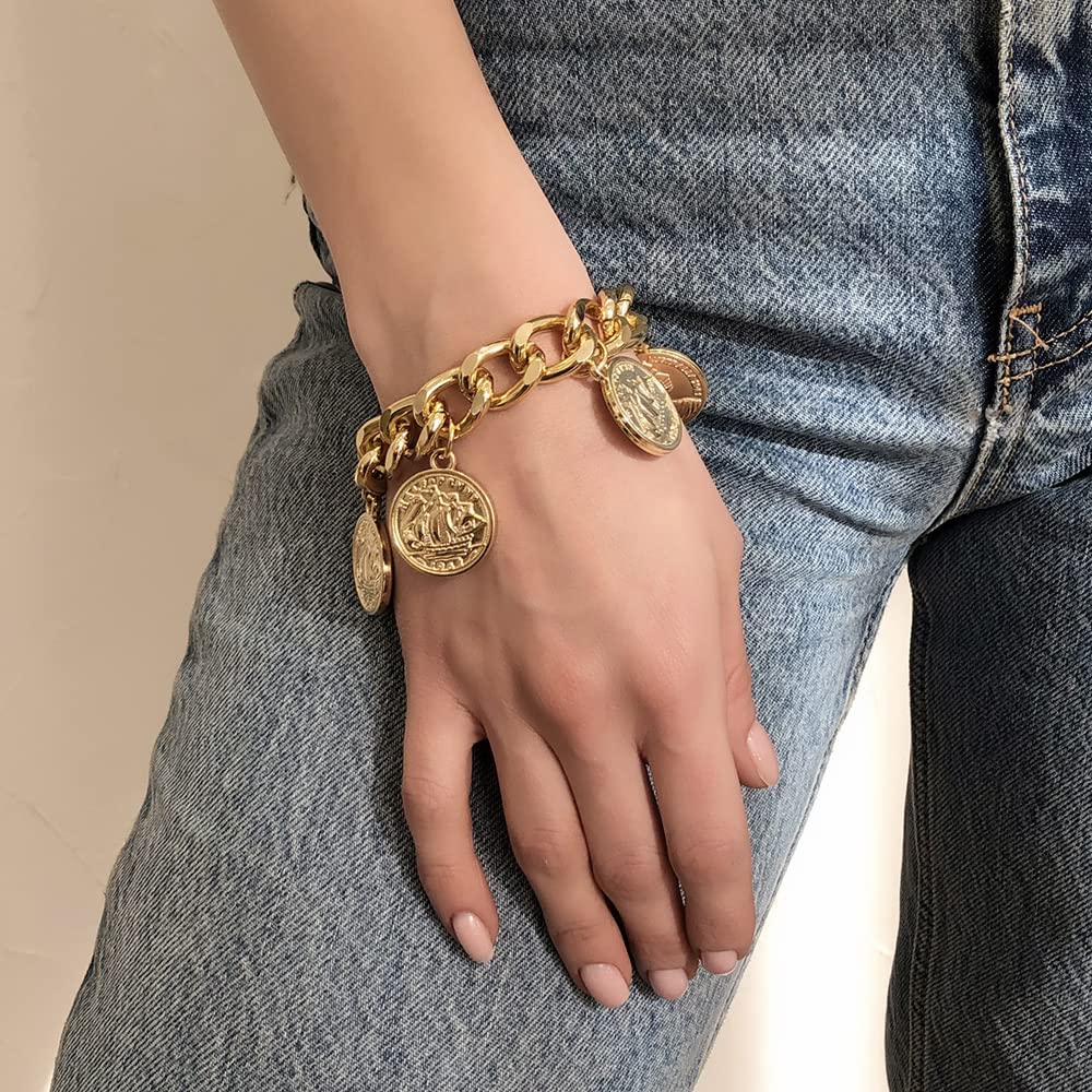 Chunky Chain Bracelet for Women - Punk Cuban Curb Link Bracelet with Golden Coin Charm | Stylish Statement Jewelry for Casual Outfits, Parties & Everyday Wear