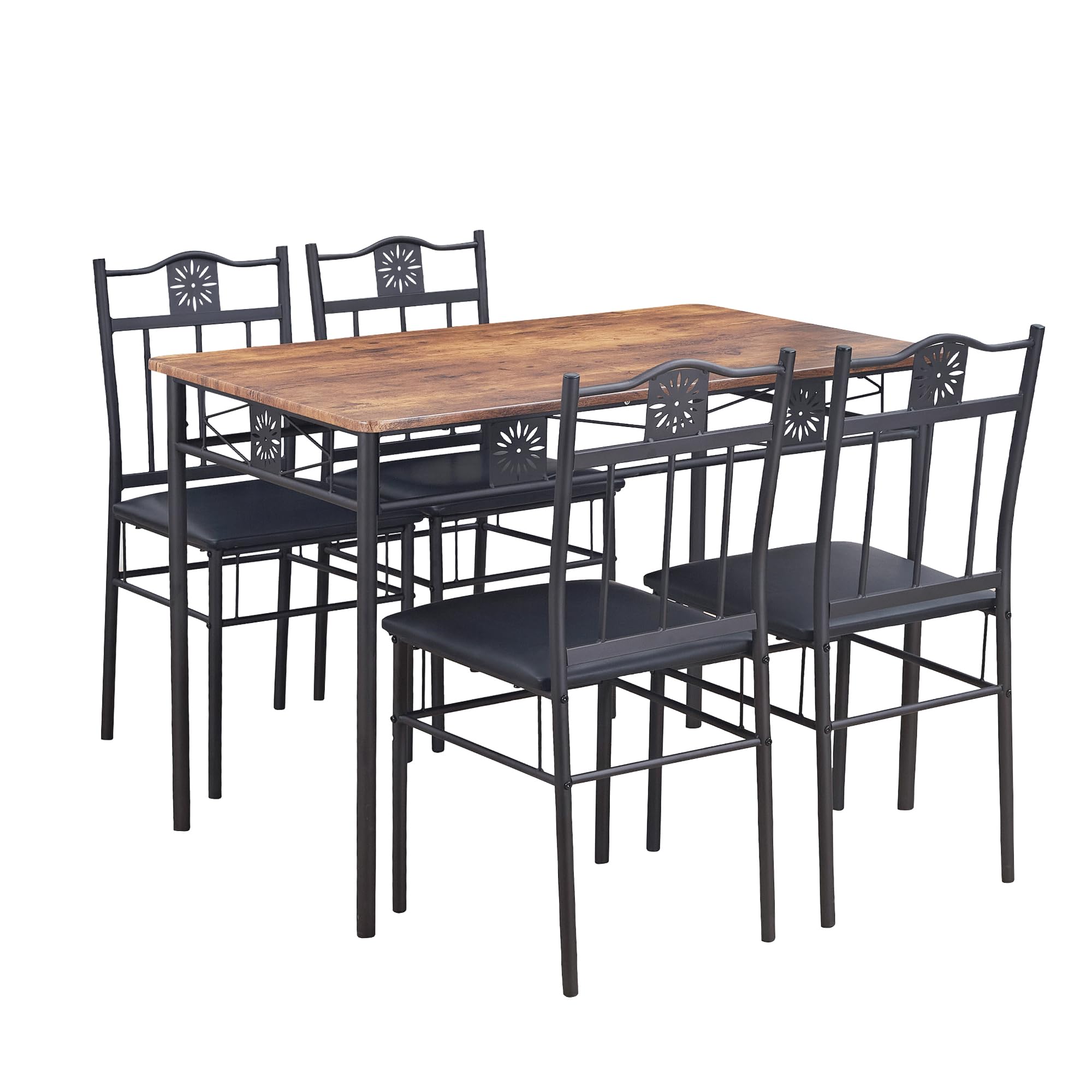 VECELO 5-Piece Retro Brown Kitchen Dining Table Set with Metal & Wood Rectangular Table and 4 Chairs - Perfect for Breakfast Nook, Small Space Dining, and Cozy Family Meals