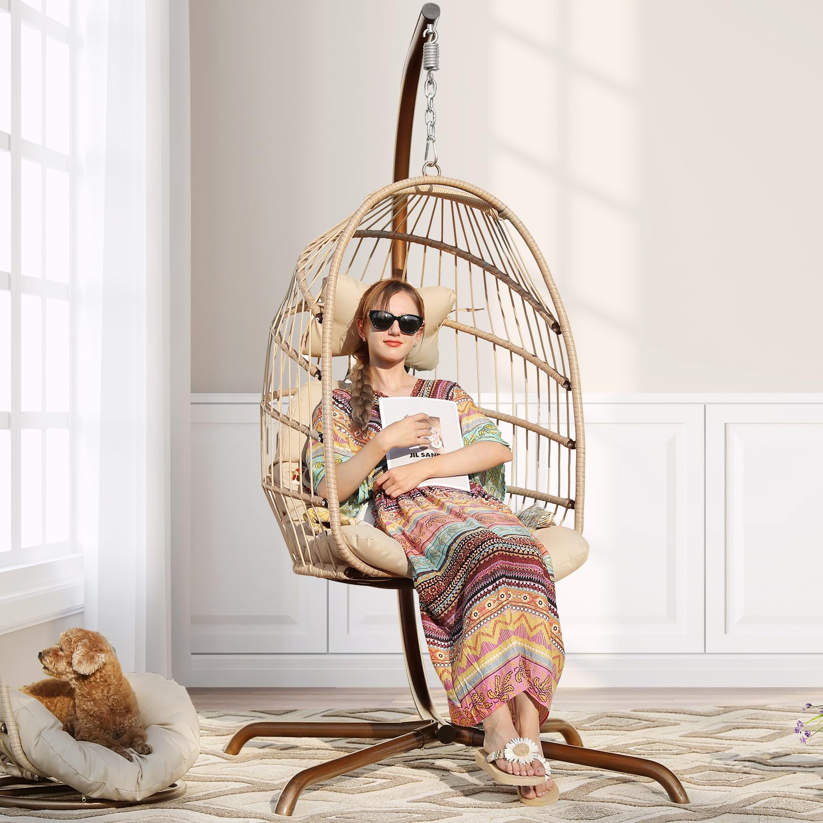 NICESOUL Indoor/Outdoor Wicker Hanging Egg Chair with Stand - 350lbs Capacity Patio Swing Hammock with Cushions & Cover - Sturdy Porch Swing for Backyard, Balcony, Garden (Beige) - Perfect for Relaxing, Reading & Lounging