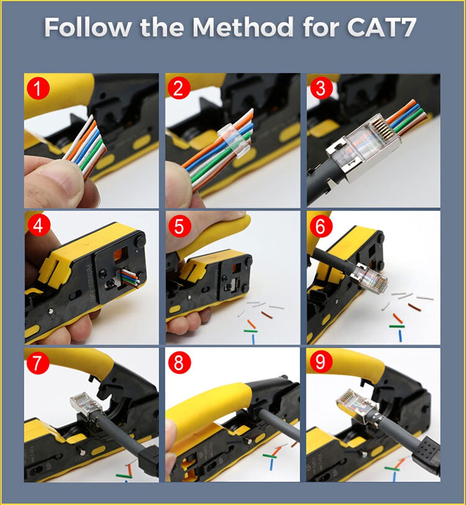 Professional RJ45 Crimping Tool for CAT5 CAT6 CAT7 CAT6a Ethernet Cables - Pass Through Crimper with EZ Design for RJ11 RJ12 Connectors & Shielded Modular Plugs (Yellow) - Ideal for Network Installations, Home Office Setup & IT Professionals