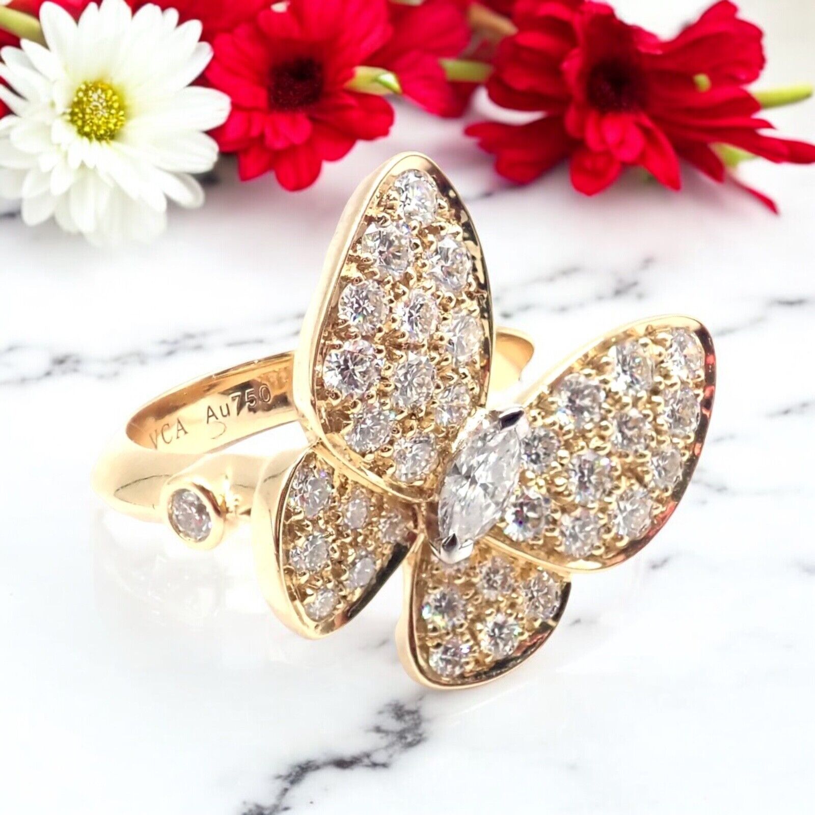 Authentic Van Cleef & Arpels 18k Yellow Gold Diamond Two Butterfly Ring with Certification - Luxury Jewelry Gift for Anniversary, Wedding & Special Occasions