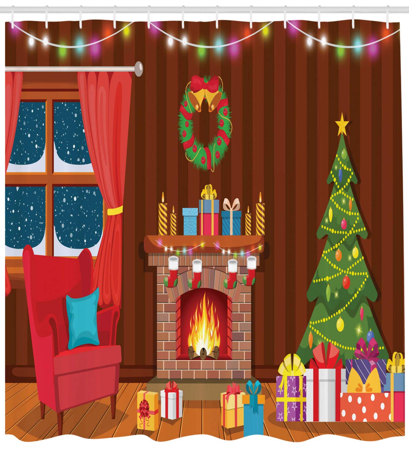 Ambesonne Christmas Fireplace Shower Curtain - Winter Night Festive Holiday Design, 105