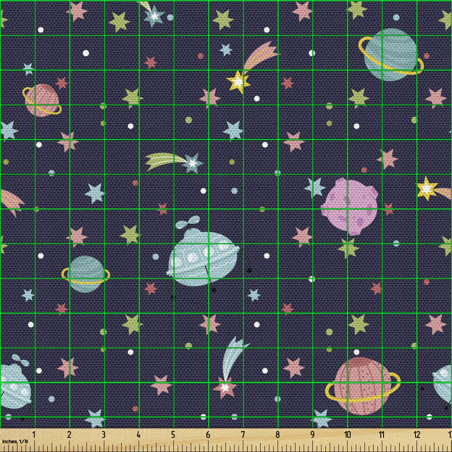 Ambesonne Space Fabric by The Yard - Alien Planets, Shooting Stars & Polka Dots Galaxy Print - Decorative Upholstery Fabric for Sofa, Curtains & Home Decor - 10 Yards Navy Pink - Perfect for DIY Projects, Space-Themed Rooms & Cosmic Decorations