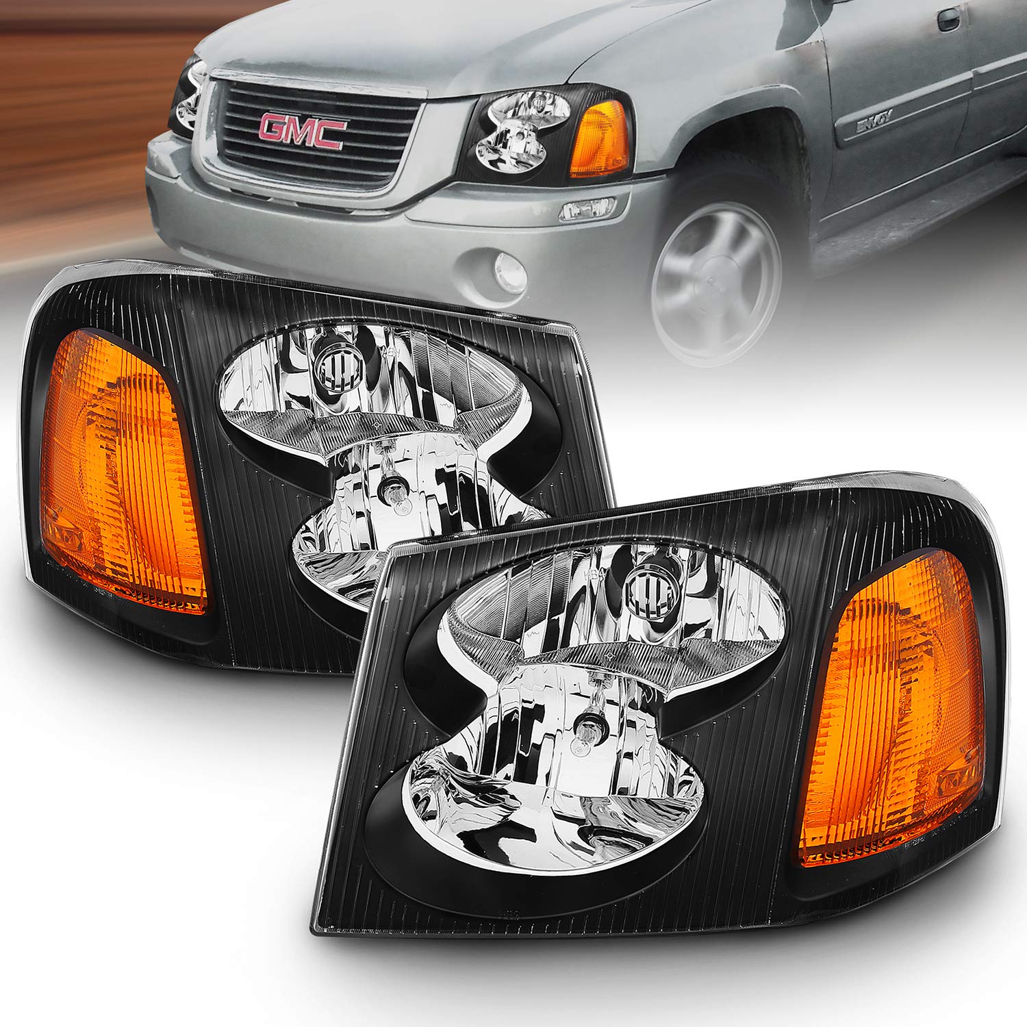 AmeriLite Black Replacement Headlights Set for GMC Envoy - Left & Right Side with Hi/Lo Beam Bulbs | Durable Auto Lighting Upgrade for Night Driving & Off-Road Adventures
