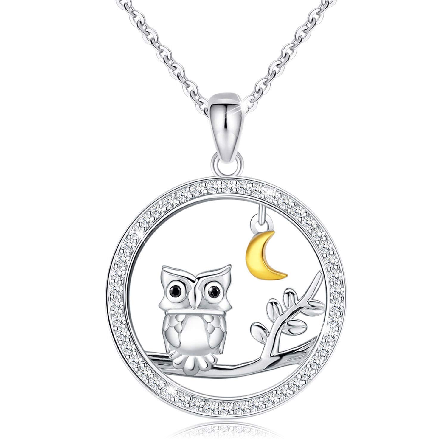 TANGPOET 925 Sterling Silver Owl Pendant Necklace for Women - Elegant Owl on Branch with Crescent Moon Charm, 18
