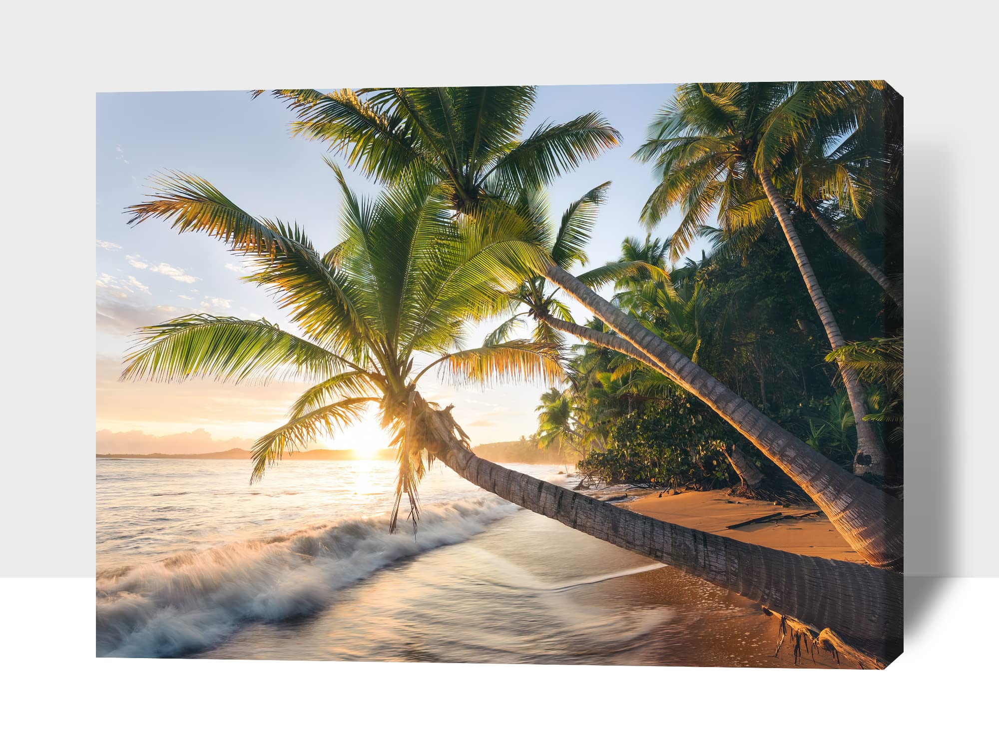 Large Coconut Tree & Beach Canvas Wall Art - Ocean Coastal Painting for Living Room Decor - Framed Seascape Print (28x40 Inches) - Perfect for Beach House, Vacation Home & Coastal Theme Bedrooms