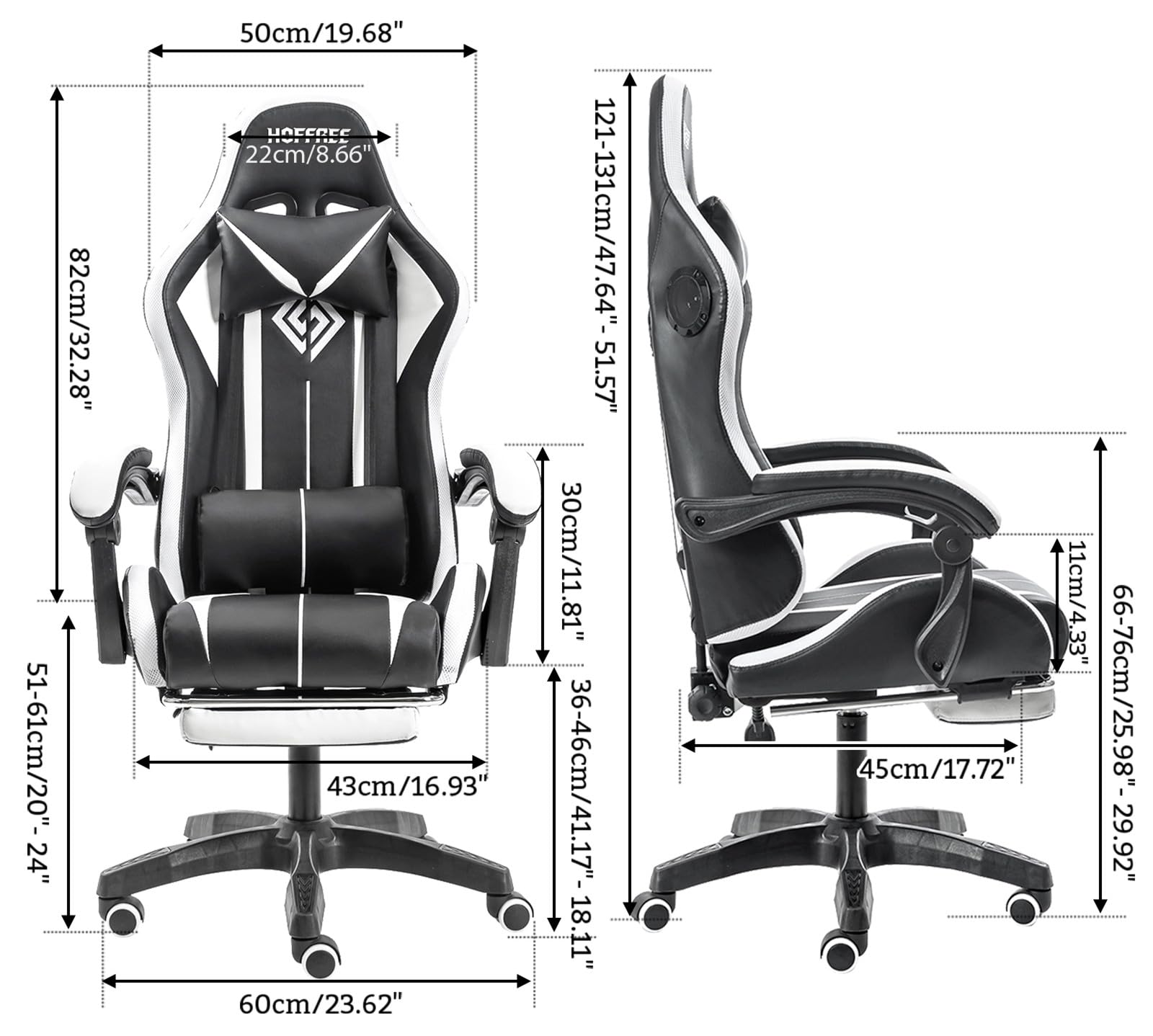 HOFFREE RGB Gaming Chair with Built-in Speakers & Massage Function - Ergonomic LED Computer Gaming Chair with Adjustable Footrest & High Back Support - Perfect for PC Gaming, Streaming & Office Work (White & Black)