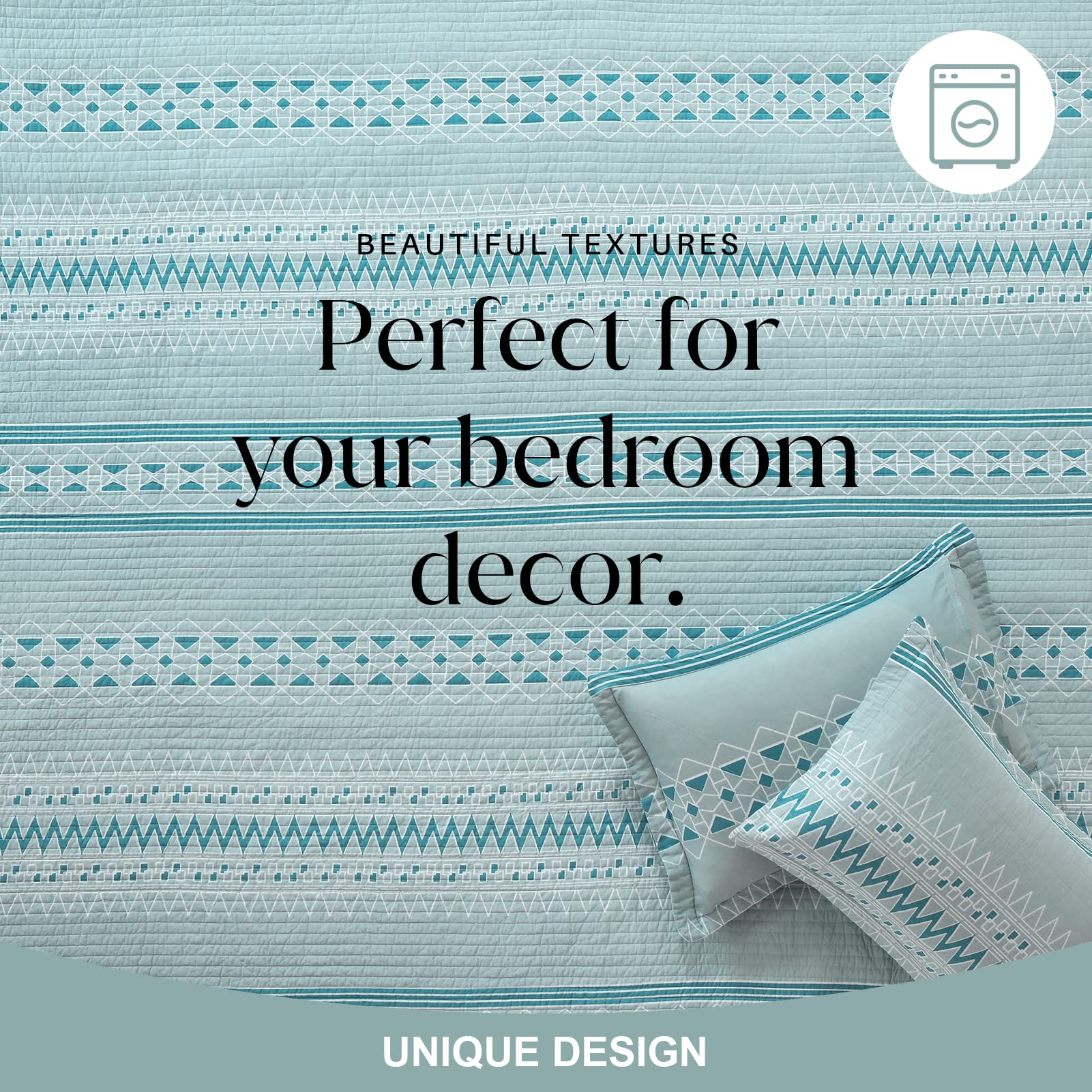 Y-PLWOMEN 100% Cotton Queen Size Quilt Set - Grey Blue Geometric Striped Lightweight Bedspread | 3-Piece All Season Soft Quilt for Bedroom Decor & Guest Room Comfort