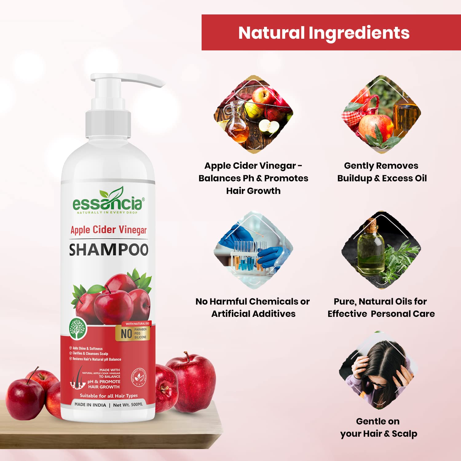 **Essencia Apple Cider Vinegar Shampoo for Soft, Shiny & Healthy Hair - Paraben & Silicone Free - 500ml for Men & Women - Perfect for Daily Cleansing & Scalp Refreshment**