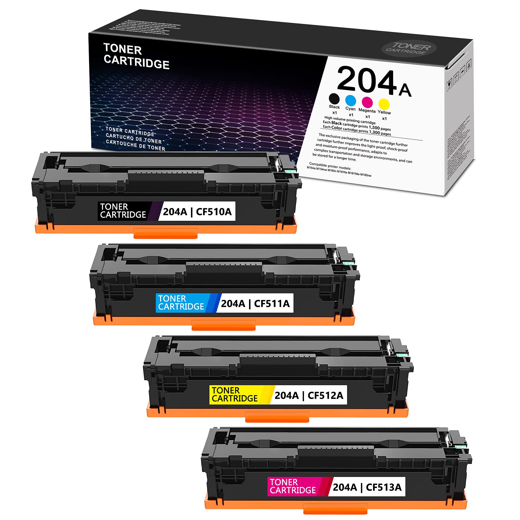 HP 204A CF510A CF511A CF512A CF513A Compatible Toner Cartridge Replacement (4 Pack, 1BK+1C+1M+1Y) for HP Pro M154a/M154nw/M181fw/M180n/M181fdw/M180nw Printers - High-Quality Home & Office Printing Solution for Documents, Photos, and Reports