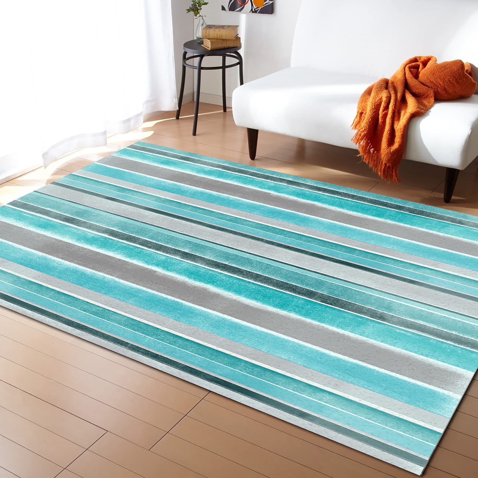 5' x 8' Large Rectangular Area Rugs - Nordic Style Teal Striped Non-Slip Rug for Living Room, Bedroom & Outdoor - Durable Floor Mat for Home Decor, Bedside, Patio and Office Spaces
