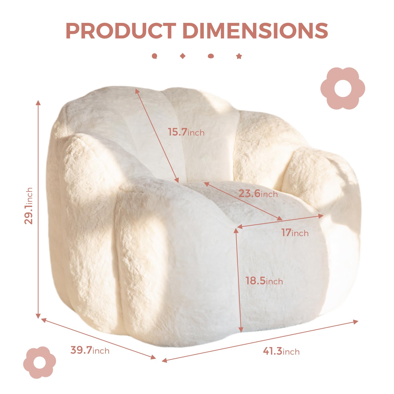 MAXYOYO Floral Bean Bag Chair - Ultra Soft Faux Fur Petal Back Sofa for Adults, Single Size Beige | Cozy Lounge Chair for Living Room, Bedroom & Game Room Relaxation