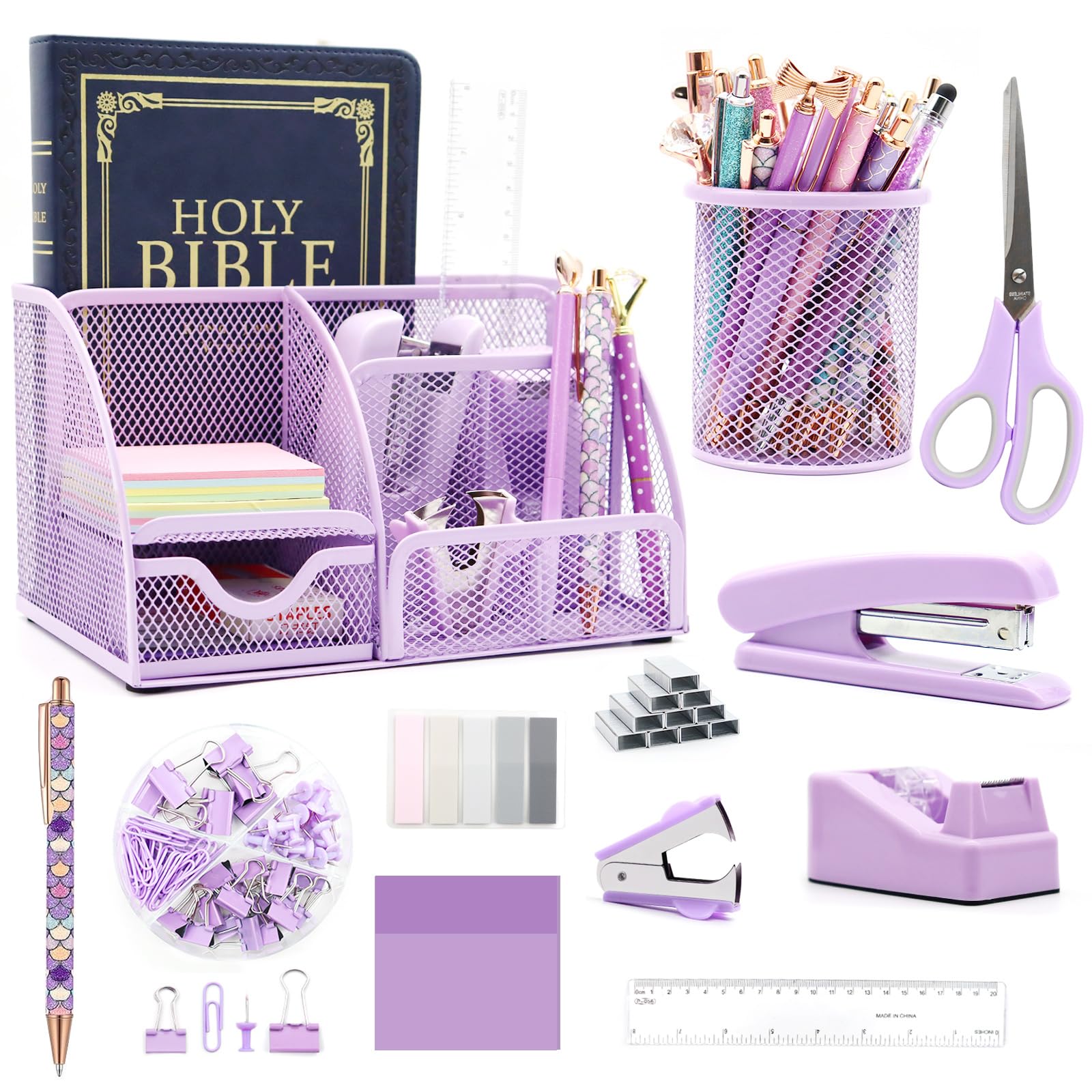 12-Piece Purple Desk Organizer Set with Pen Holder, Tape Dispenser, Stapler, Scissors, Ruler & Staple Remover - Stylish Office & School Supplies for Women - Perfect for Home Workspace, Classroom Organization & Gift Giving