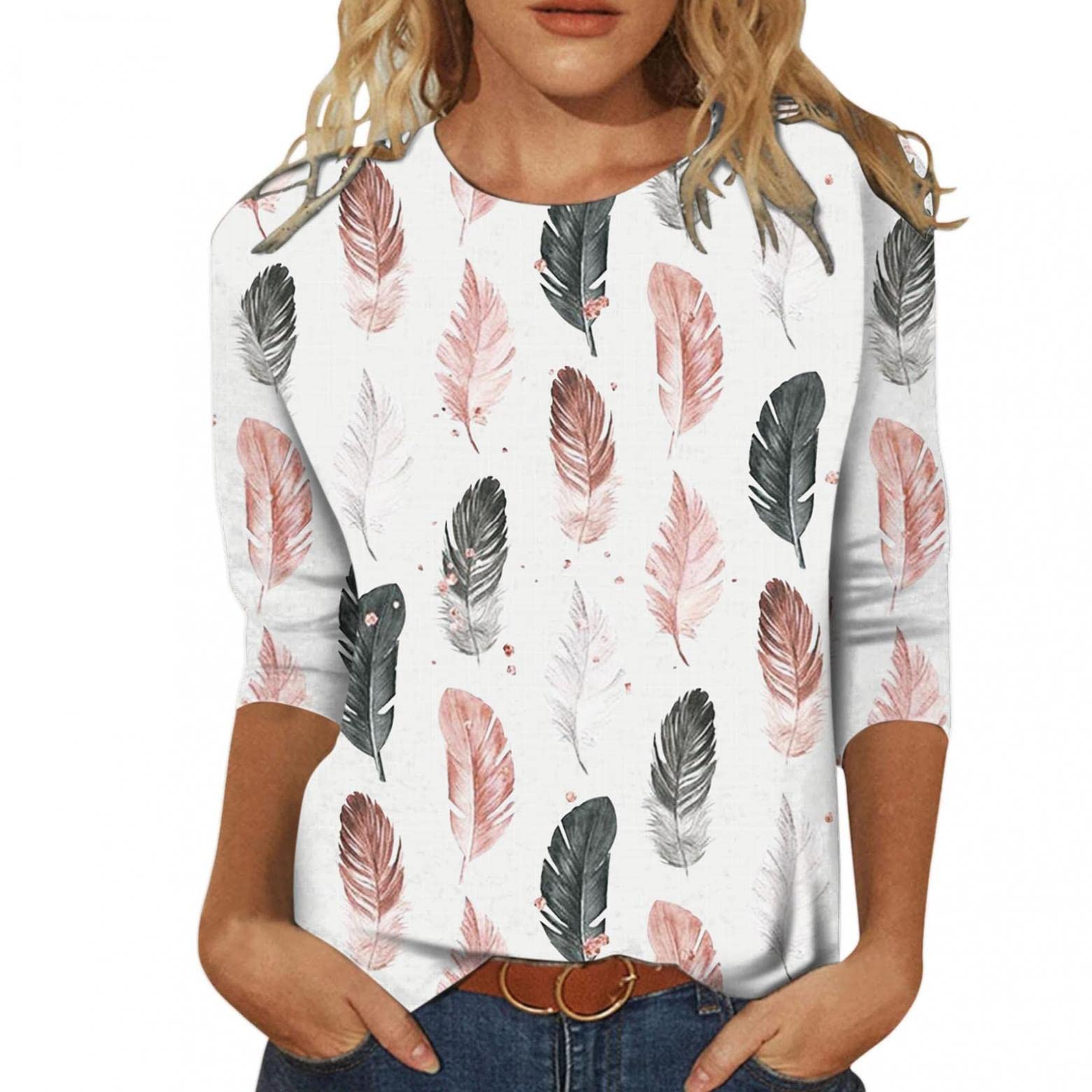 FABIURT Women's Summer Floral T-Shirt - 3/4 Sleeve O-Neck Loose Blouse Tunic Top for Casual Wear | Perfect for Beach Outings, Vacation Dresses & Everyday Fashion