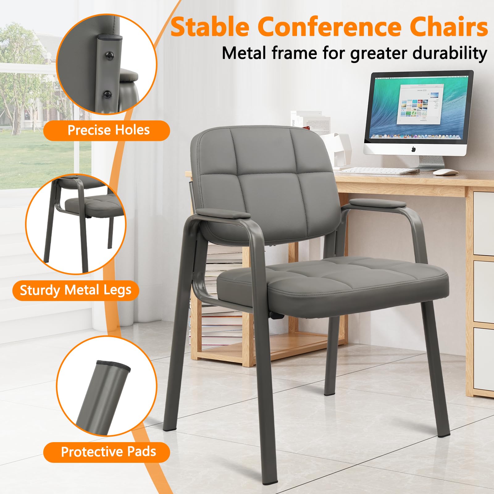 CLATINA Waiting Room Guest Chair - Bonded Leather Padded Armrest, Ergonomic Office Reception Chair for Conference Rooms & Lobby Areas (Grey, 1-Pack) - Perfect for Corporate Offices, Hospitals, and Hotel Waiting Areas