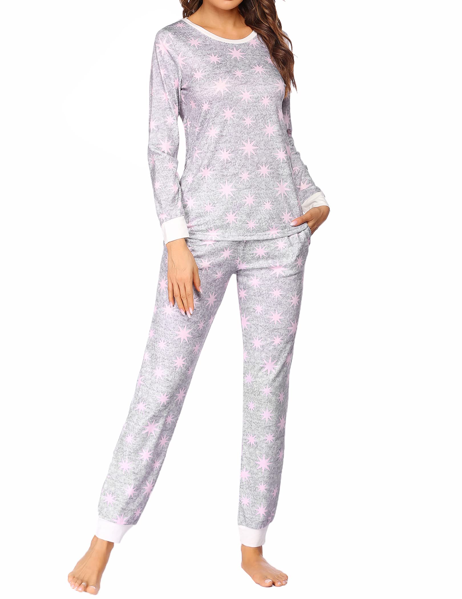 Ekouaer Women's Pajama Set - Soft Long Sleeve Top & Jogger Pants with Pockets - Cozy Lounge Wear for Sleep, Relaxing at Home & Travel