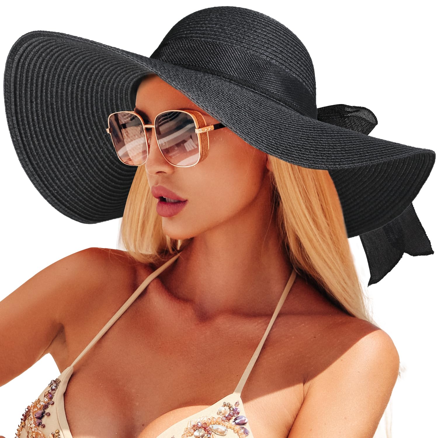 Women's Wide Brim Straw Sun Hat - Packable Floppy Beach Hat for Summer, UV Protection Sun Hat for Outdoor, Garden, Travel & Vacation
