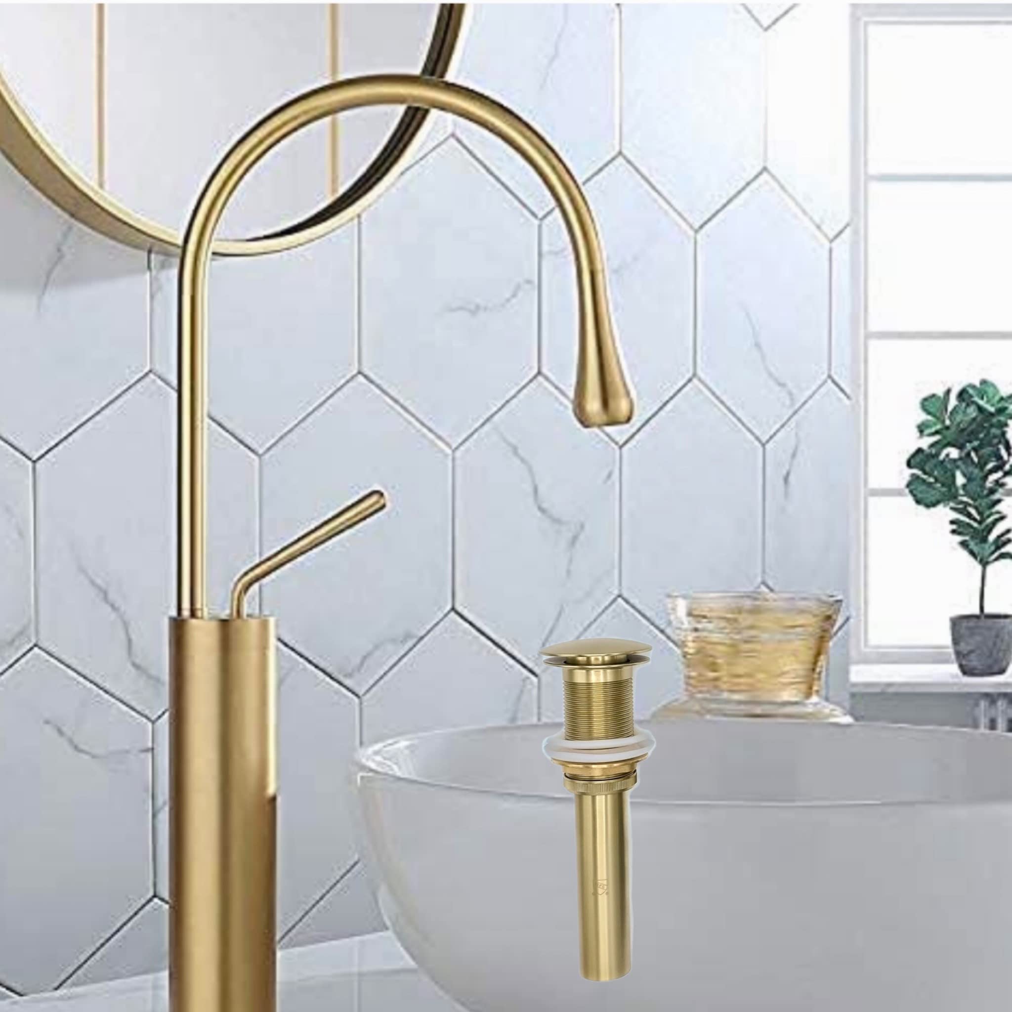 Brushed Gold Bathroom Faucet - High Arc Single Handle Vessel Sink Faucet, Tall Solid Brass Vanity Faucet with Pop-Up Drain (No Overflow), cUPC Certified, Includes Water Supply Hoses & Installation Kit - Perfect for Modern Bathrooms, Powder Rooms & Luxury Vanities