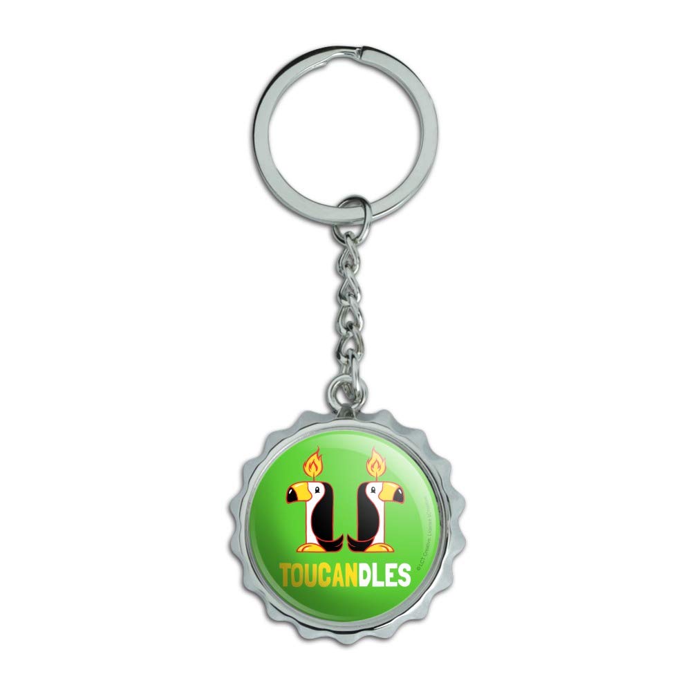 Funny Toucan Two Candles Keychain - Chrome Plated Metal Bottle Opener with Pop Cap - Perfect for Parties, Gifts & Beer Lovers Accessories