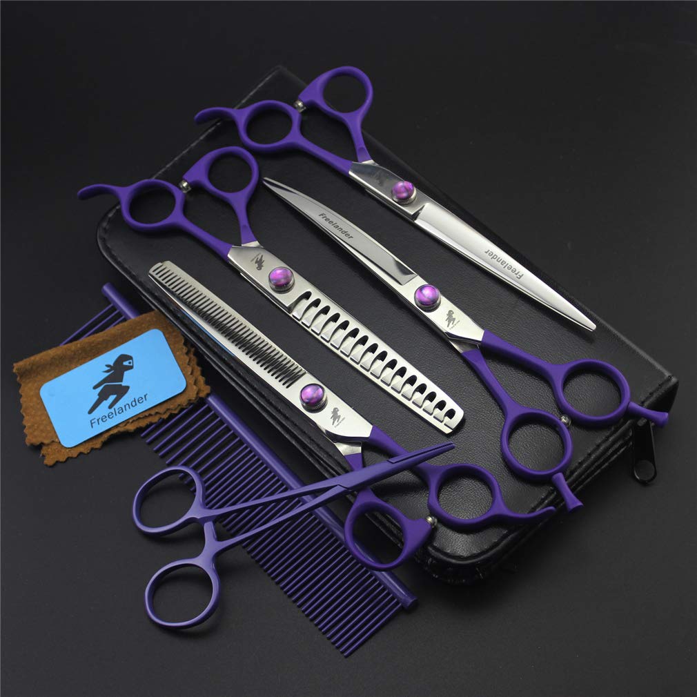 Professional 4-Piece Dog Grooming Kit - Stainless Steel Pet Scissors Set with Thinning Shear, Curved Scissors & Comb for Dogs & Cats | Perfect for Home Grooming, Pet Salon Use & DIY Hair Trimming