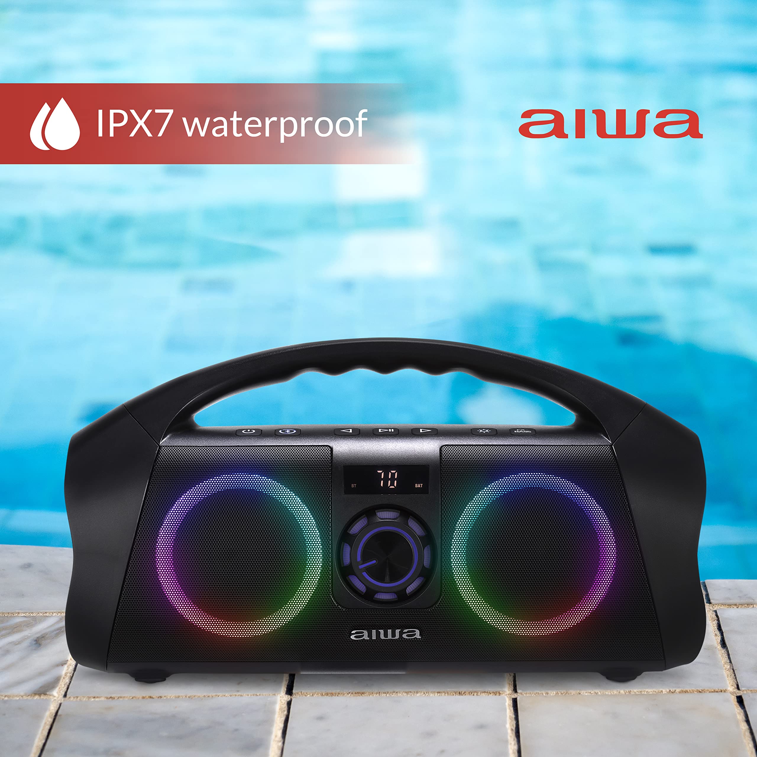 AIWA Waterproof Bluetooth Boombox Speaker - Portable Wireless Speaker with LED Lights, Digital Display, AUX Input & 15H Playtime - Perfect for Pool Parties, Beach Outings & Outdoor Adventures