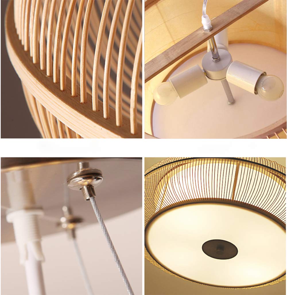 Rustic Round Wood Ceiling Pendant Light - 3-Light Island Hanging Lamp with Adjustable Cord, Natural Woven Wood Chandelier for Kitchen, Dining Room, Bedroom, Restaurant & Cafe Decor