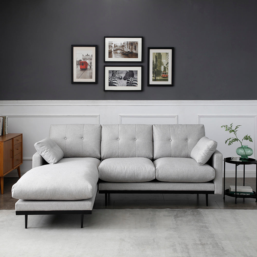 HAVANA 3-Seater Sofa with Left Chaise in Light Grey & Black - Modern Living Room Furniture for Small Spaces & Apartments