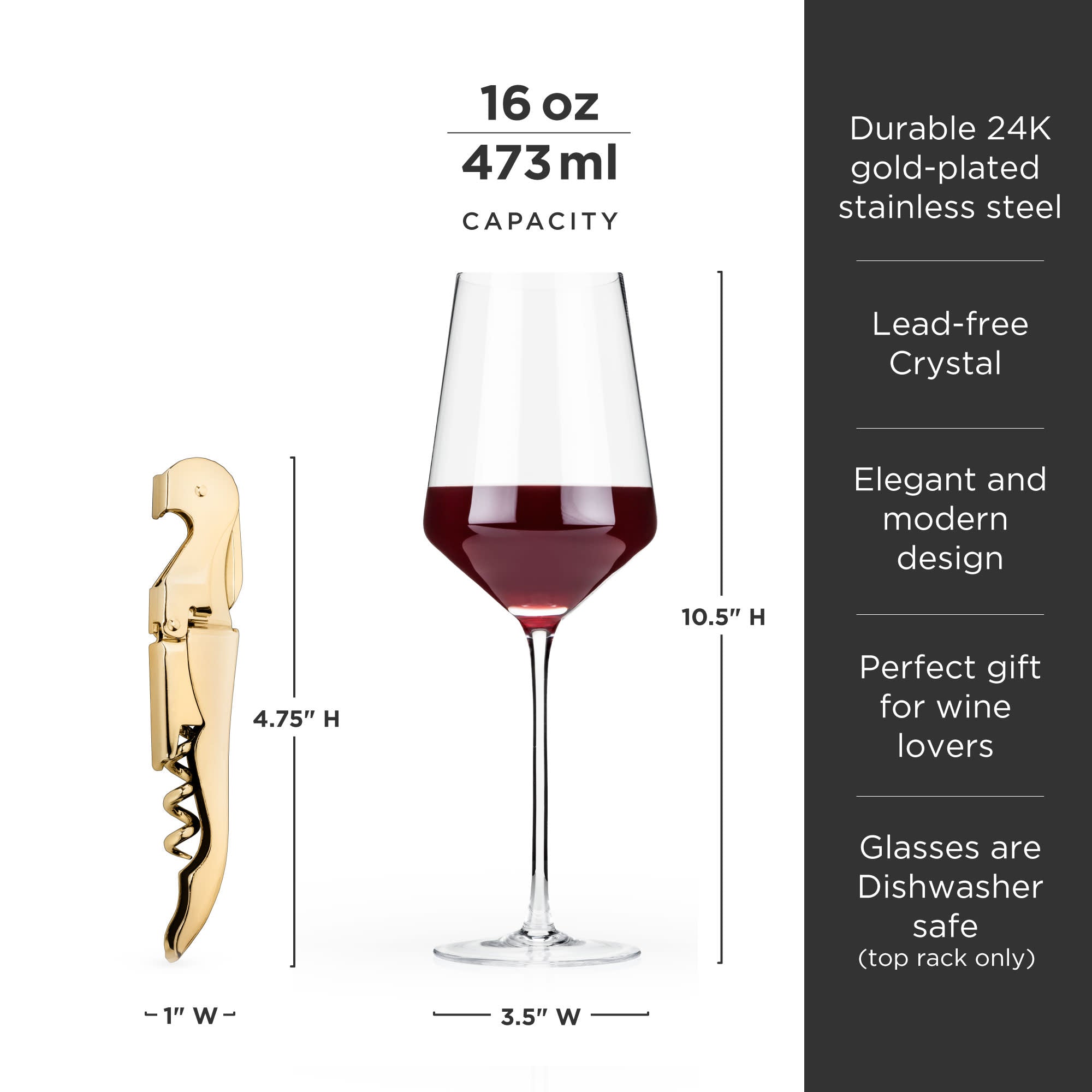Premium Crystal Bordeaux Wine Glasses & Gold Plated Corkscrew Gift Set - Elegant Wine Accessories for Dinner Parties, Weddings & Romantic Gifts