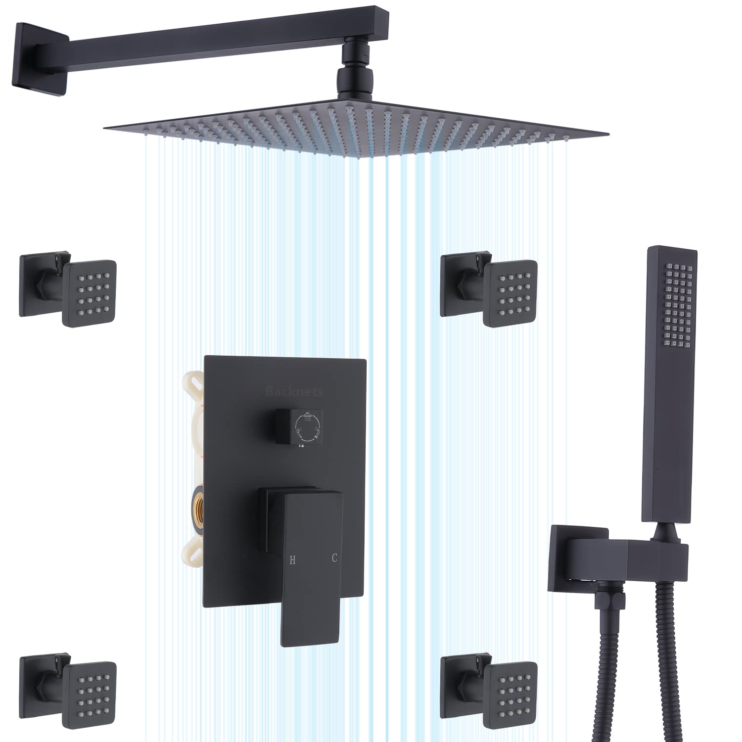 12 Inch Matte Black Brass Wall Mounted Shower Faucet Set with Overhead Shower System - Complete Multi Shower Head Combo for Luxurious Bathroom Upgrade | Perfect for Modern Homes, Spa-Like Experience