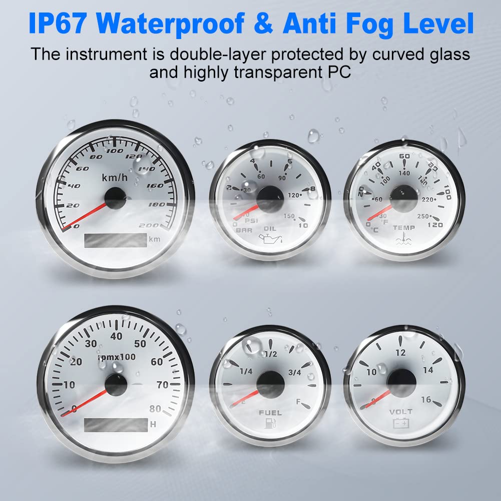 WATERWICH 6 Gauge Set with GPS Speedometer, Tachometer, Oil Pressure, Water Temp & Voltmeter - Universal Car, Truck, Boat & Marine Vehicle Dashboard Gauge Kit for Performance Monitoring & Diagnostics
