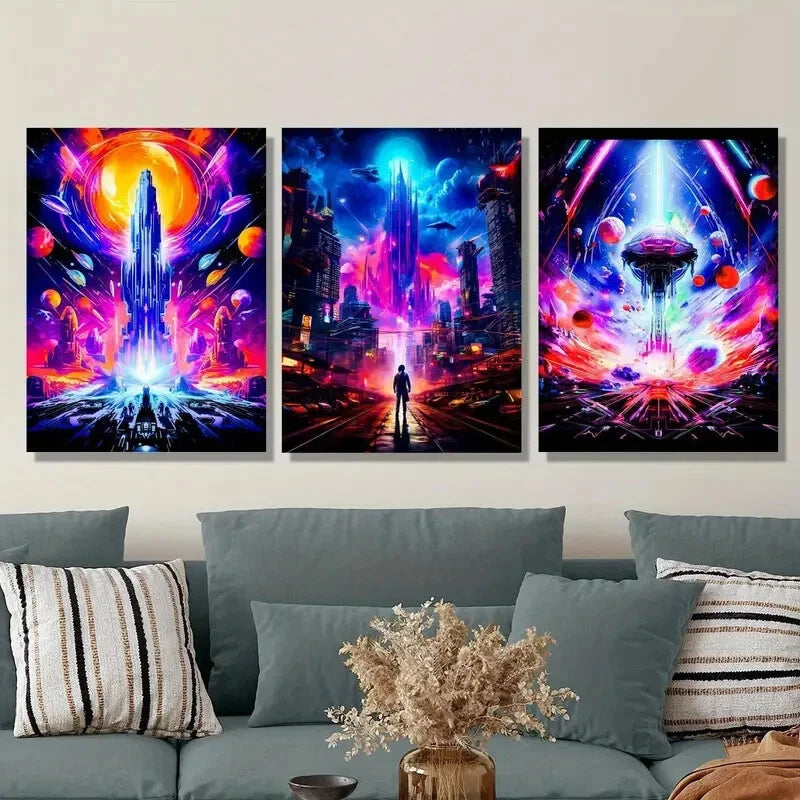 3-Piece Vibrant Space Planet & Future World Metal Wall Art Prints - Ready to Hang - Perfect for Living Room, Bedroom & Office Decor