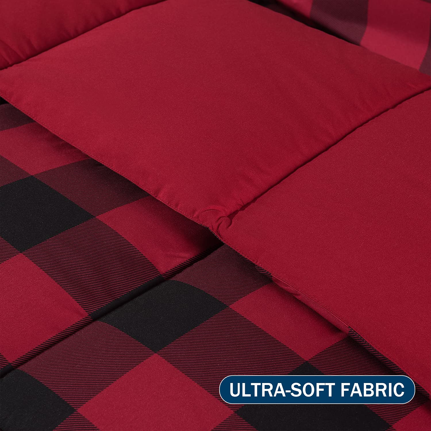 Downluxe Lightweight Plaid Comforter Set King Size - 3-Piece Reversible Down Alternative Bedding with 2 Pillow Shams - Red Black Plaid Pattern - Perfect for Cozy Bedrooms, Guest Rooms & Winter Comfort