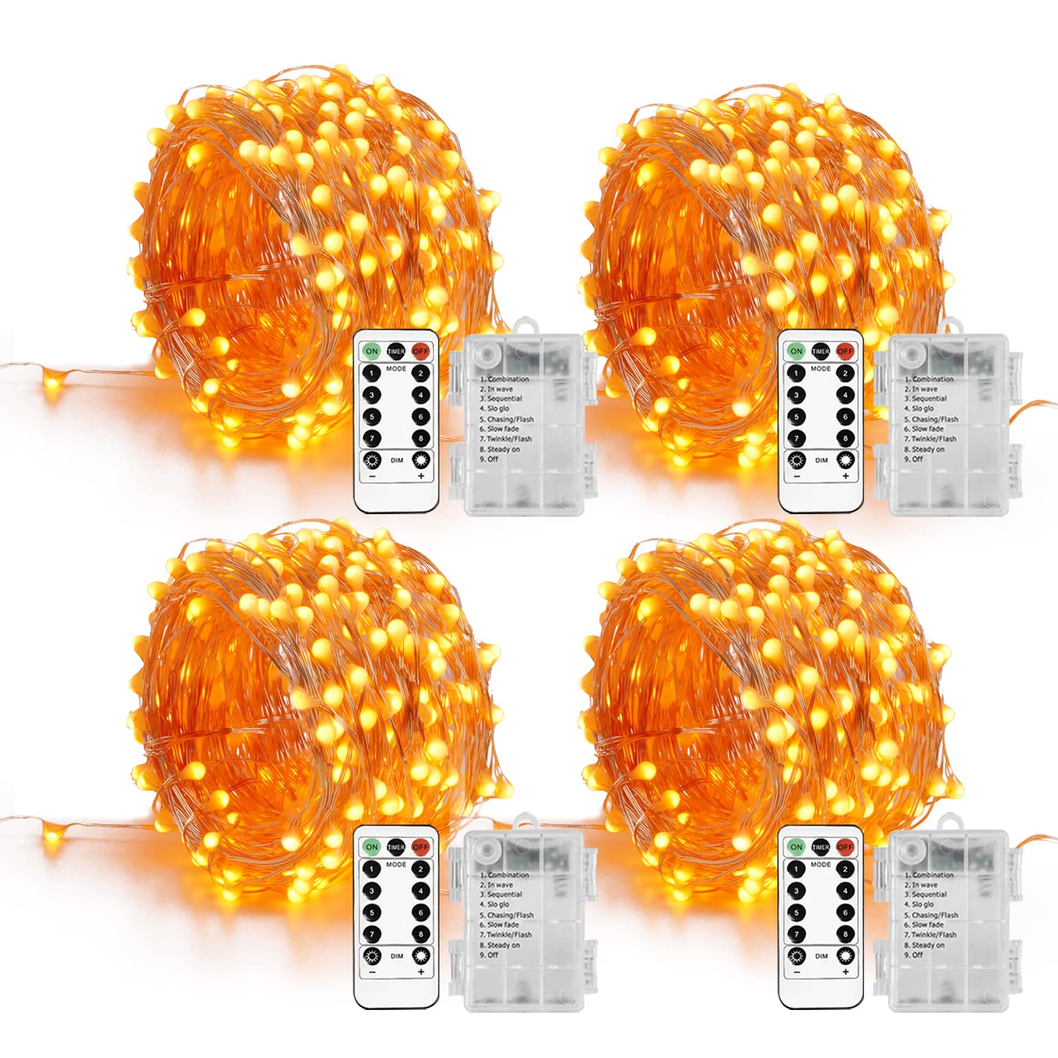 Homemory 4 Pack 20 Ft 60 LED Halloween Fairy Lights - Battery Operated Christmas String Lights with Remote Control, Waterproof & 8 Lighting Modes - Orange Firefly Twinkle Lights for Halloween Party Decorations, Christmas Tree, Wedding, Garden, and Indoor/Outdoor Decor