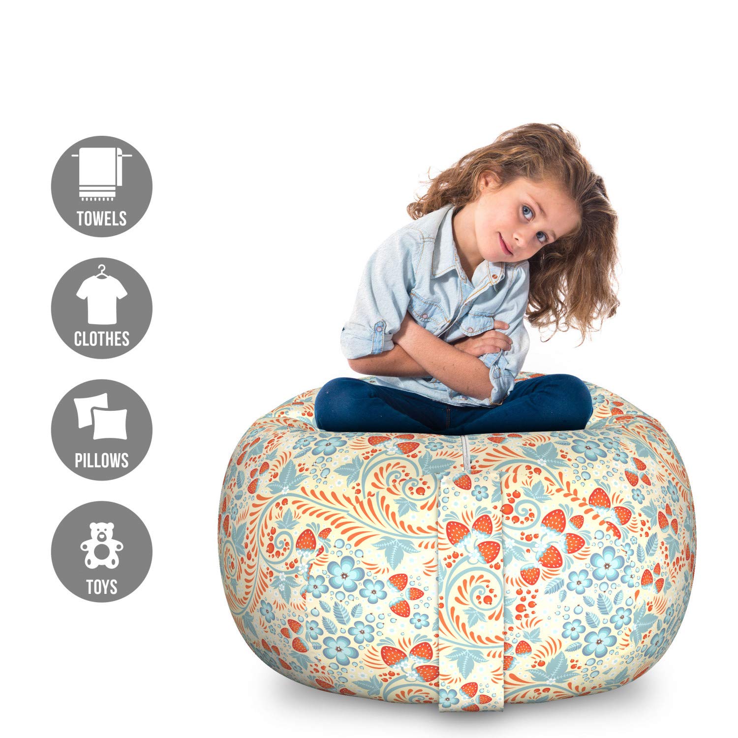Ambesonne Floral Storage Toy Bag Chair - Large Washable Stuffed Animal Organizer with Traditional Khokhloma Flowers & Strawberries Pattern in Cream, Teal & Vermilion | Kids Room Decor, Nursery Storage Solution, Playroom Organization