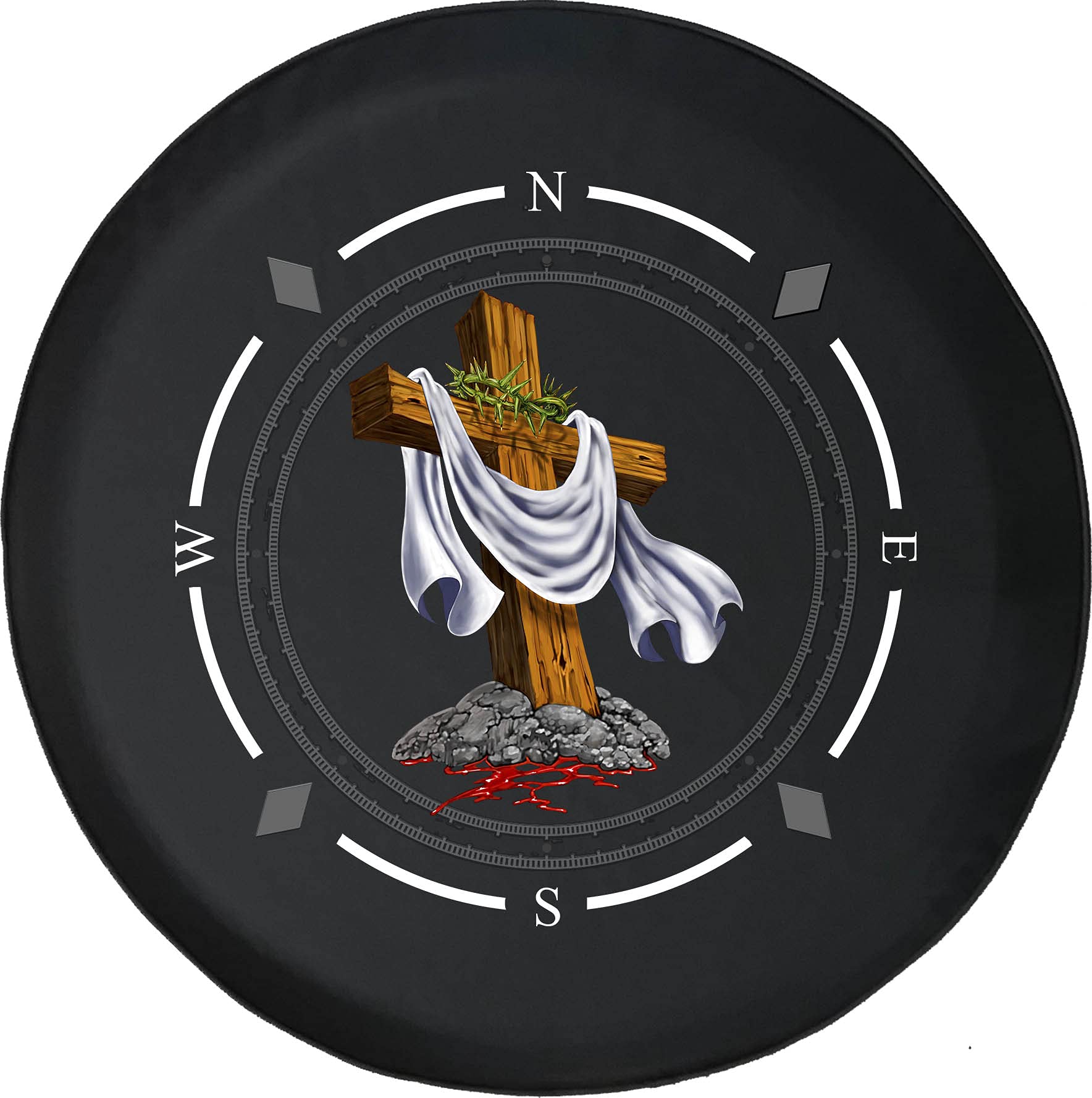 Premium Spare Tire Cover with Compass & Wooden Cross Design - Holy Ghost Crown & Jesus Crucifix Wheel Cover for SUV, Trailer, RV Accessories - Fits Most Vehicles - Perfect for Road Trips, Camping & Religious Expression
