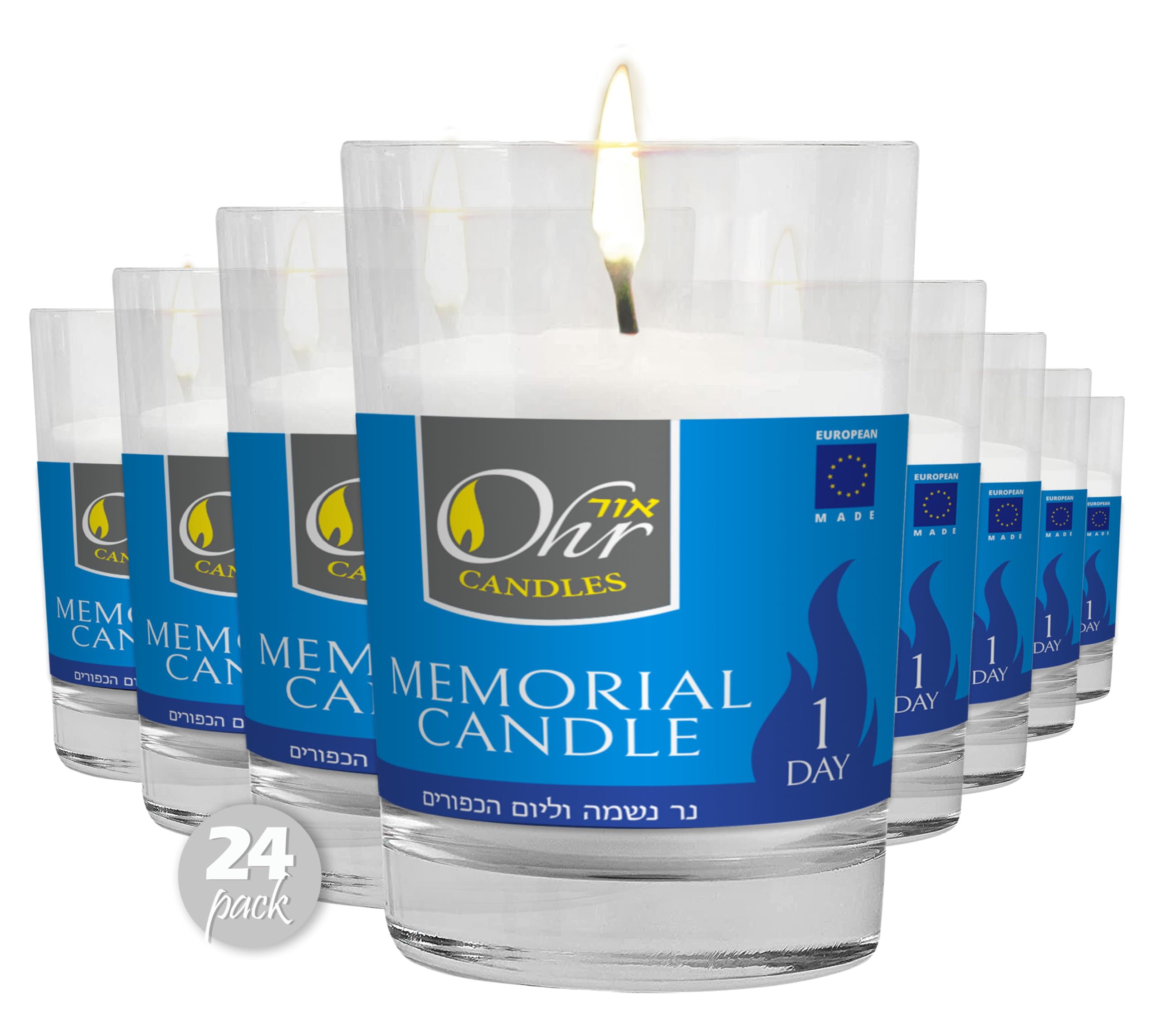 Yahrzeit Memorial Candles - 24 Pack of 24-Hour Jewish Memorial Candles in Glass Tumblers for Yom Kippur, Remembrance & Religious Ceremonies - Long-Lasting 1-Day Ohr Candles for Home Synagogue Use
