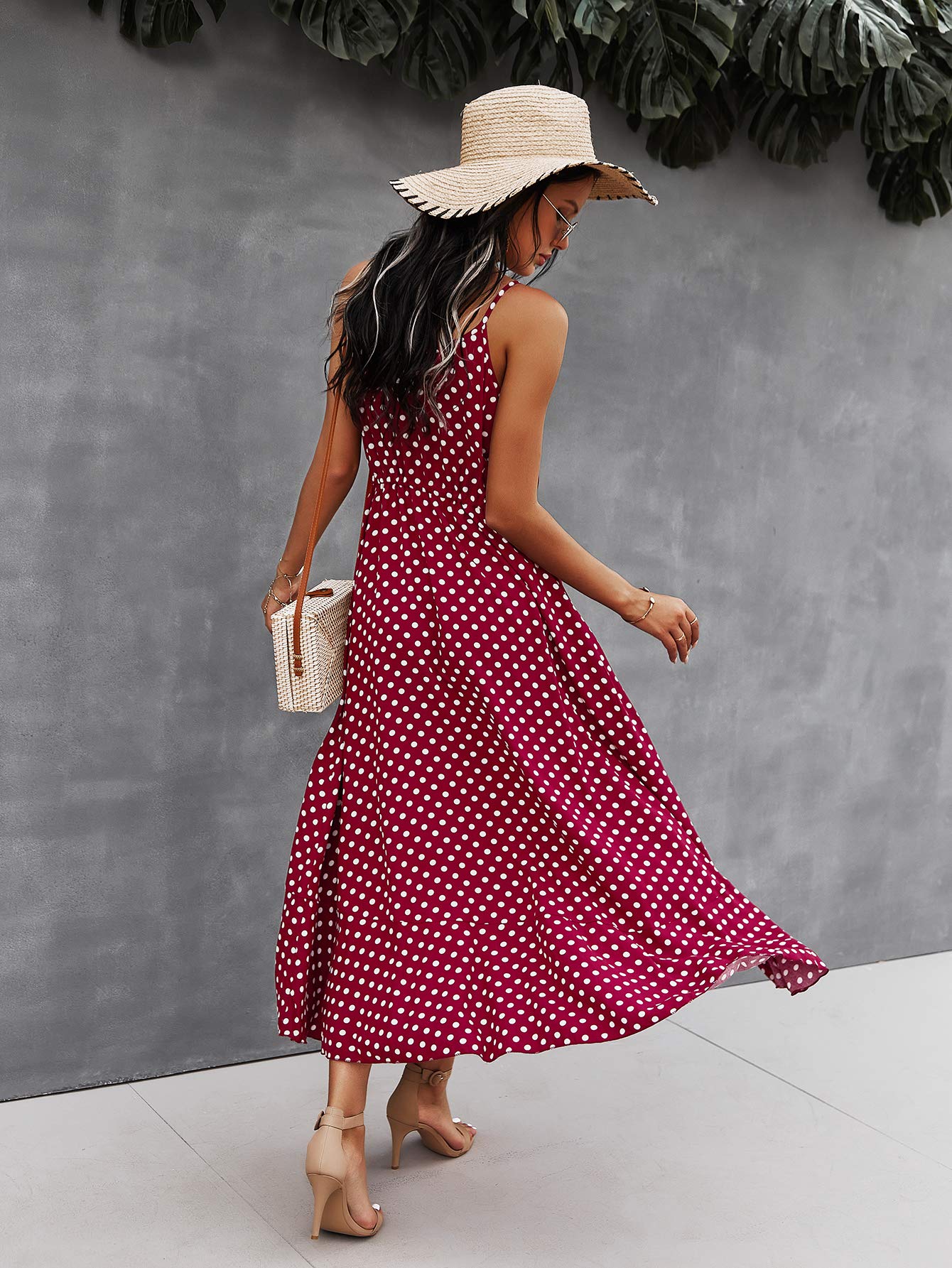 BROVAVE Women's 2025 Summer Casual Boho Sundress - Polka Dot Spaghetti Strap V-Neck Flowy Midi Dress for Beach, Vacation & Outdoor Parties | Lightweight & Comfortable