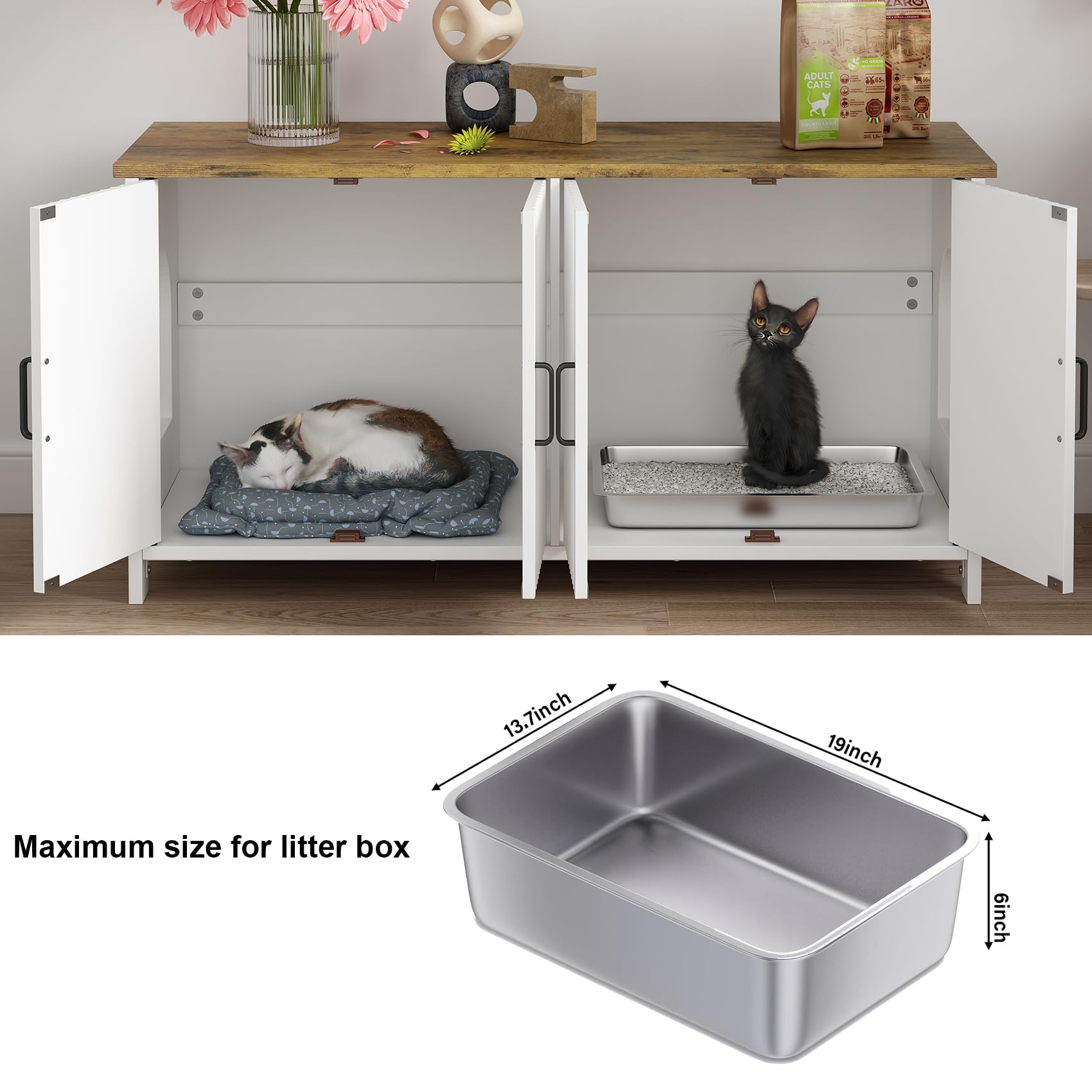 White Wooden Cat Litter Box Enclosure for 2 Cats - Double Room Fluted Hidden Litter Box Furniture Cabinet - Indoor Cat House for Living Room & Bathroom - Perfect for Small Spaces & Home Decor