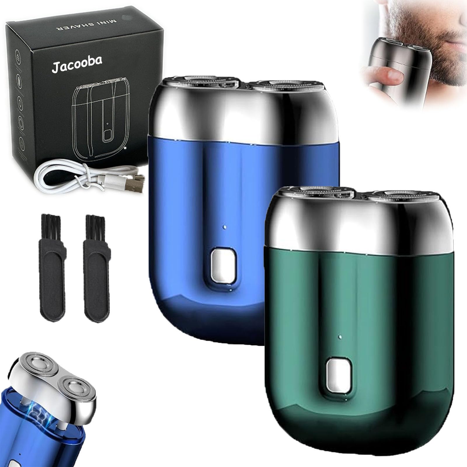 Jacooba Mini Dual-Head Electric Razor for Men - Rechargeable Waterproof Travel Shaver - Compact Face Shaver for Home, Car & On The Go - 2025 New Model (Blue+Green) | Perfect for Business Trips, Gym Bags & Daily Grooming