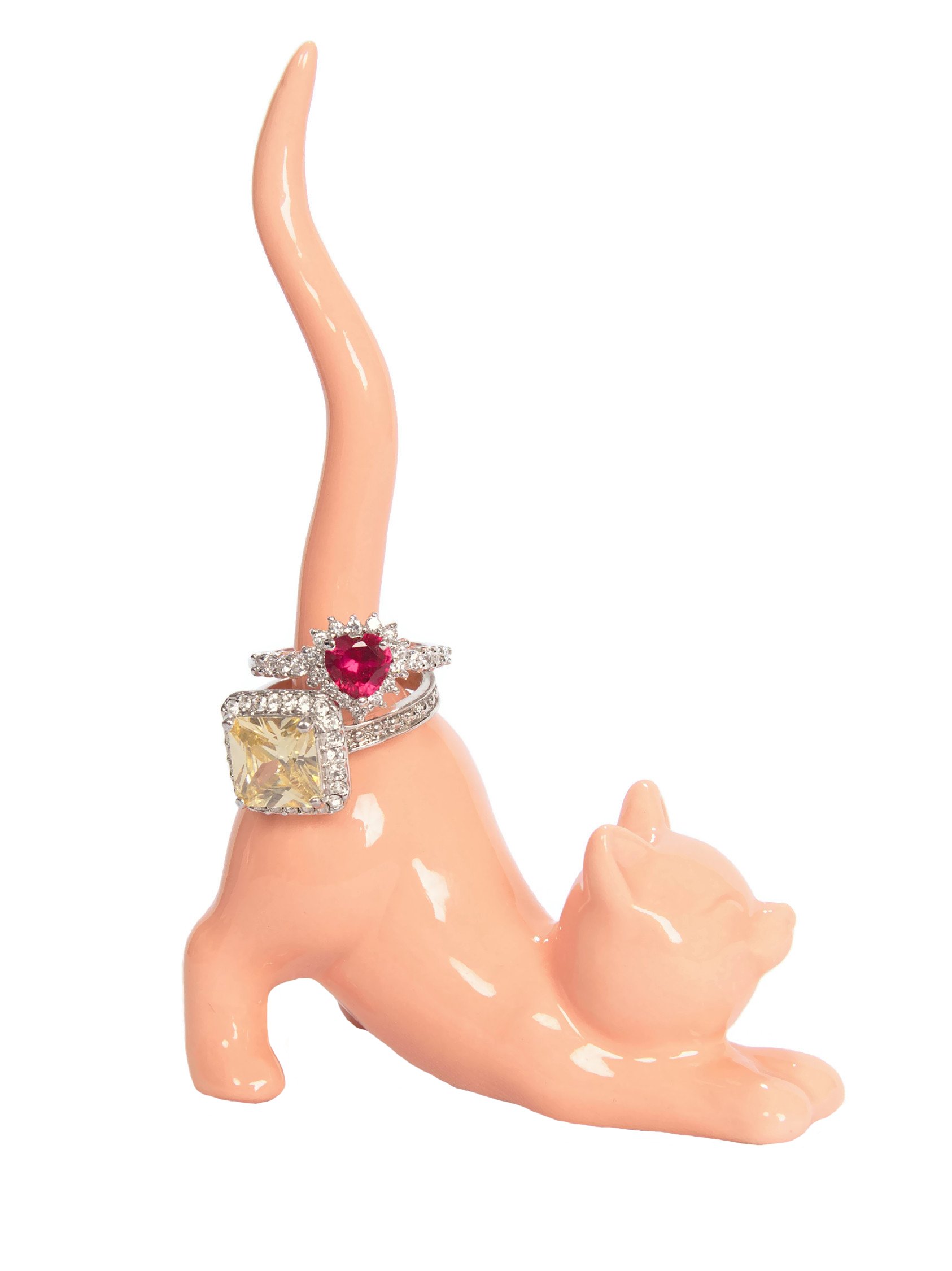 Adorable Coral Ceramic Cat Ring Holder for Engagement & Wedding Rings - 2.75
