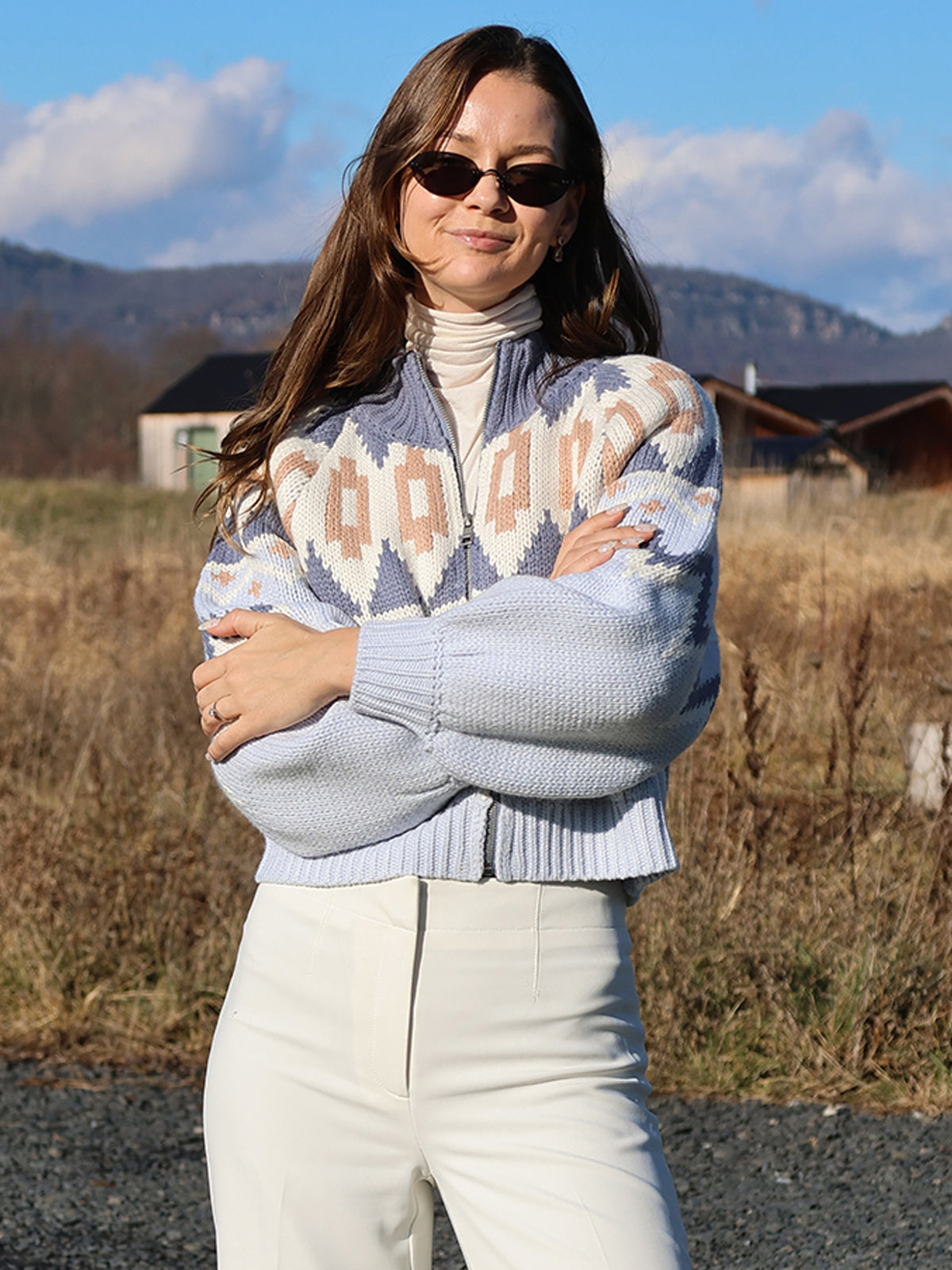 Victoria's Fair Isle Sweater Bomber Jacket - Women's Knitted Winter Coat with Nordic Patterns | Perfect for Christmas, Holiday Outfits & Casual Winter Wear