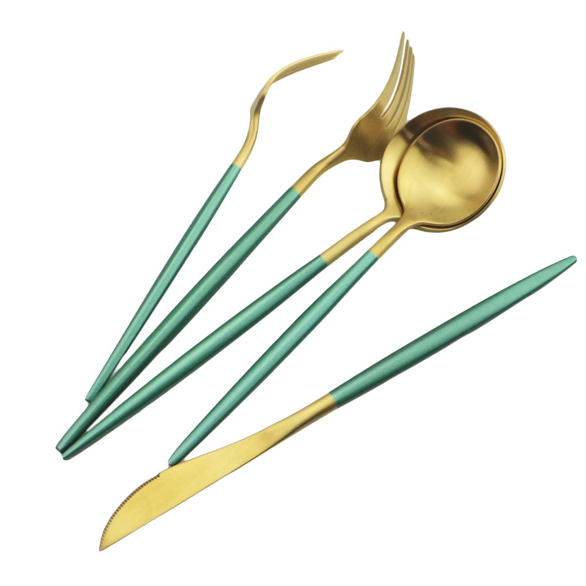 Premium 5-Piece Matte Green & Gold Flatware Set - 18/10 Stainless Steel Heavy Weight Forged Cutlery (Forks, Spoons, Knives) - Elegant Dining Utensils for Everyday Meals & Dinner Parties