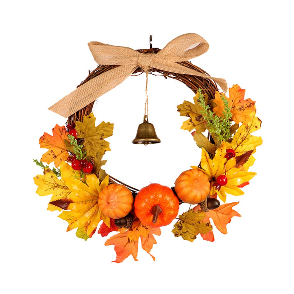 Amosfun 16 Inch Autumn Maple Leaf Wreath with Pumpkin, Pine Cones & Red Berries - Fall Harvest Thanksgiving Front Door Decor for Home, Porch, and Seasonal Holiday Decoration