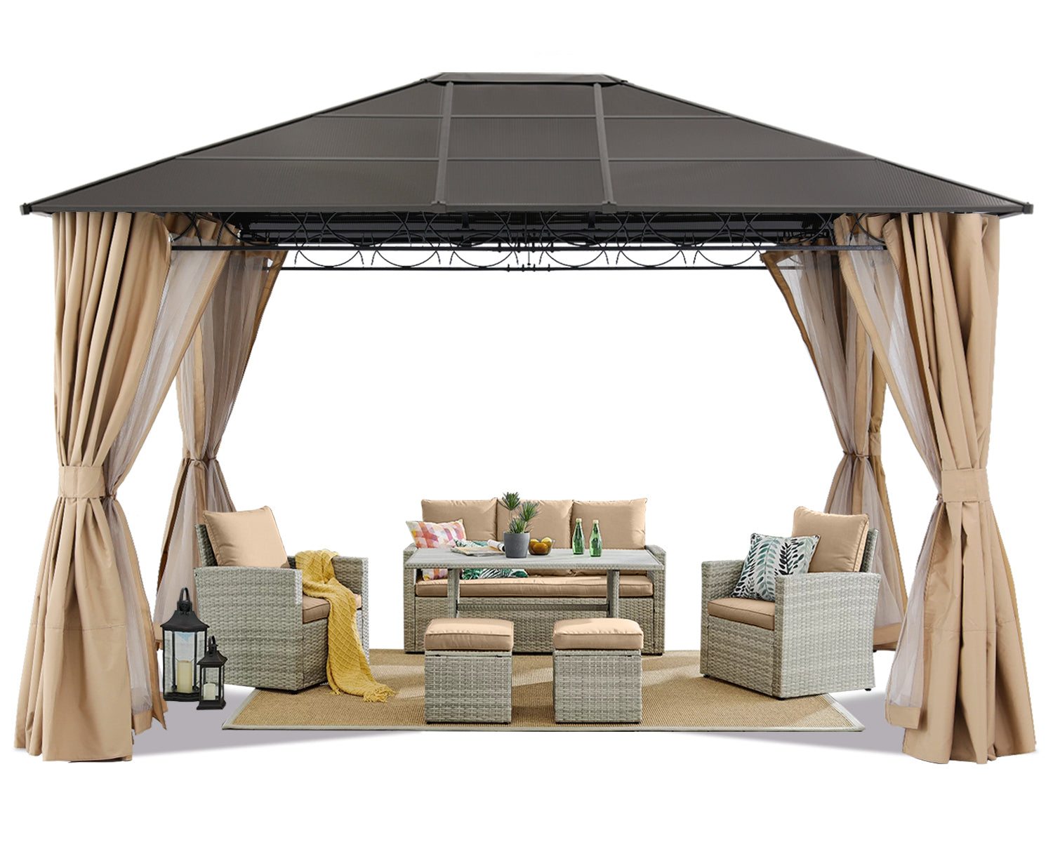 10x10/12 Steel Roof Hardtop Gazebo with Privacy Curtains & Netting - Durable Outdoor Canopy for Patio, Garden, Backyard Parties & Camping Shelter