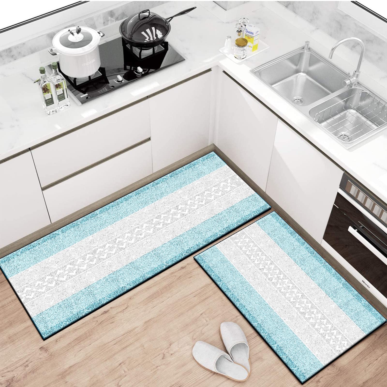 Non-Slip Modern Blue & White Hallway Runner Rug 3'x8' - Soft Kitchen Rug for High Traffic Areas, Entryway & Long Halls