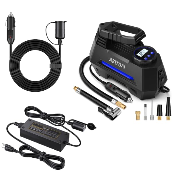 AstroAI 12V Portable Air Compressor Tire Inflator with Digital Pressure Gauge - 10A AC/DC Power Adapter & 12FT Cigarette Lighter Extension Cord Bundle - Perfect for Car, Truck, SUV, Motorcycle & Bicycle Tires